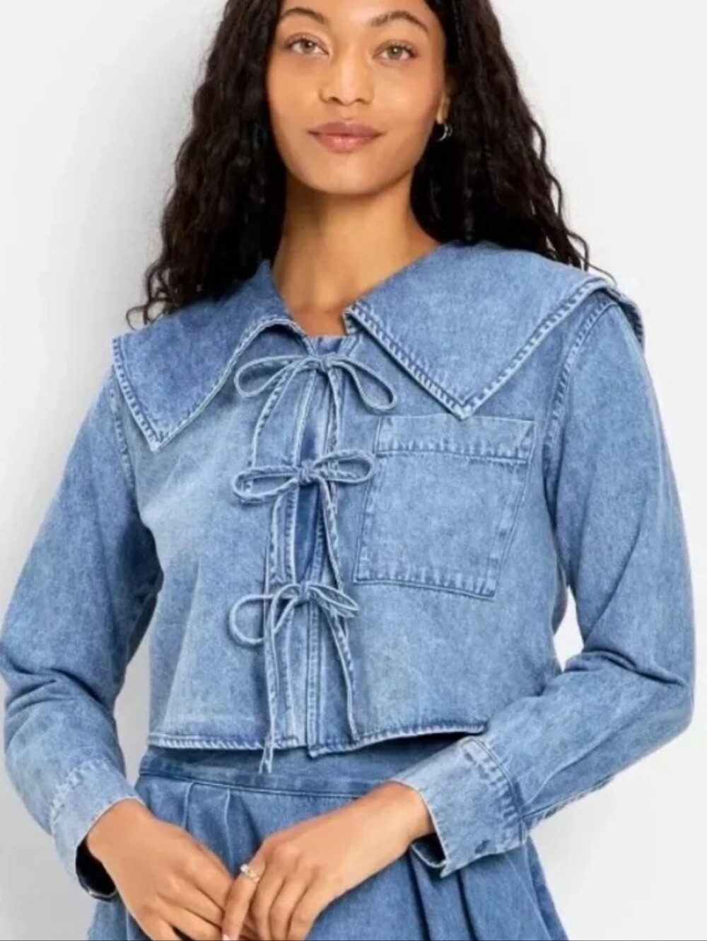 Denim Tie-Front Crop Jacket - Blue
